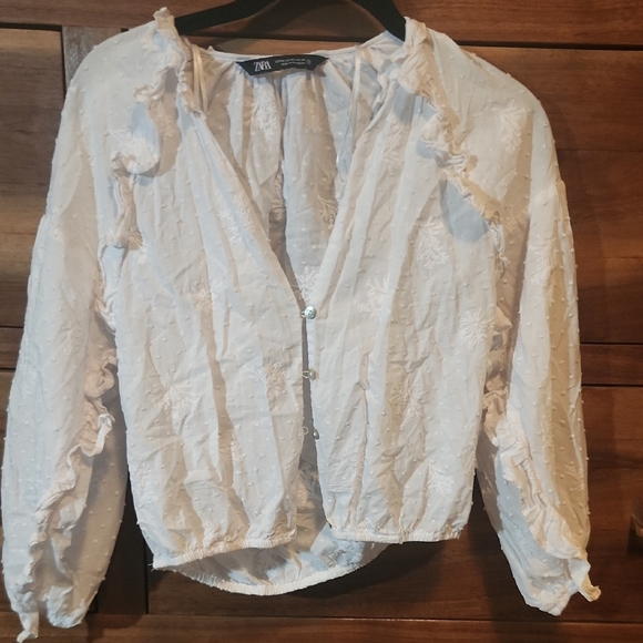 Zara White Ruffled Bib Collar Blouse - Picture 1 of 5
